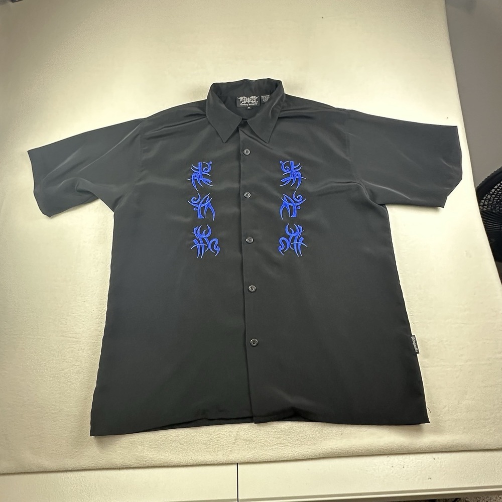 Vintage Dragonfly Clothing Shirt Men XL Black Blue Script Loop Collar Camp Shirt